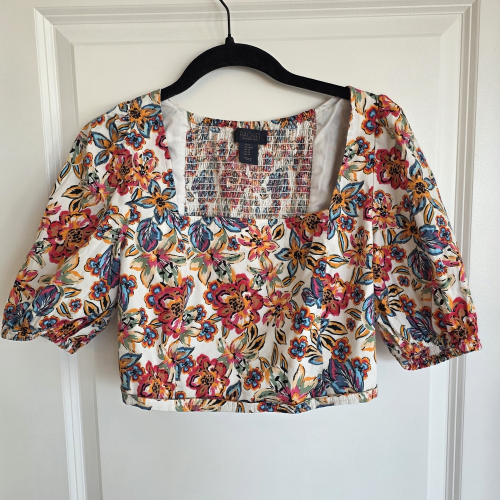 RACHEL Rachel Roy White Floral Crop Top with Pink, Blue & Yellow Print